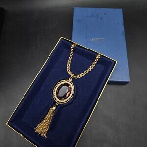 Avon Gold Tone Purple Glass Tassel Pendant Necklace In Box Vintage